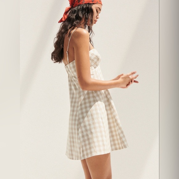 Zara Gingham Checked Linen Bustier Sweetheart Mini Dress Tan White S - Picture 4 of 12